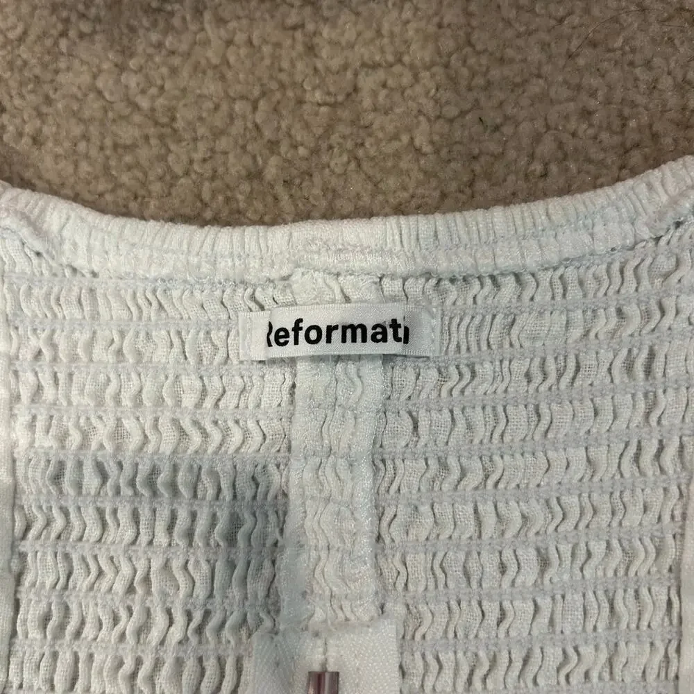 Reformation White Linen Cropped Top Puff Sleeve Smocked Chic Casual Size 10